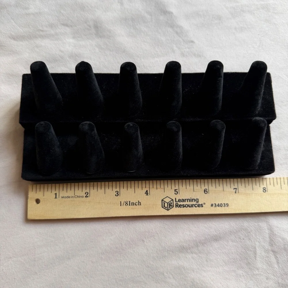 Jewelry Display Set Black Metal Earring Stand Wood Base & Velvet 12 Ring Tray